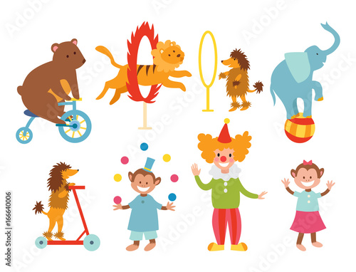 Circus funny animals set of vector icons cheerful zoo entertainment collection juggler pets magician performer carnival illustration.