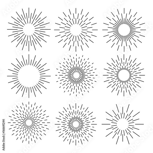 Set of sunburst geometric shapes stars and light ray. Vector illustration