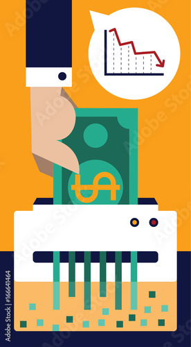 Shredding a Money Bill, hand places a bank note into a shredder, destroy capital, making money go away, confetti out of valuable money