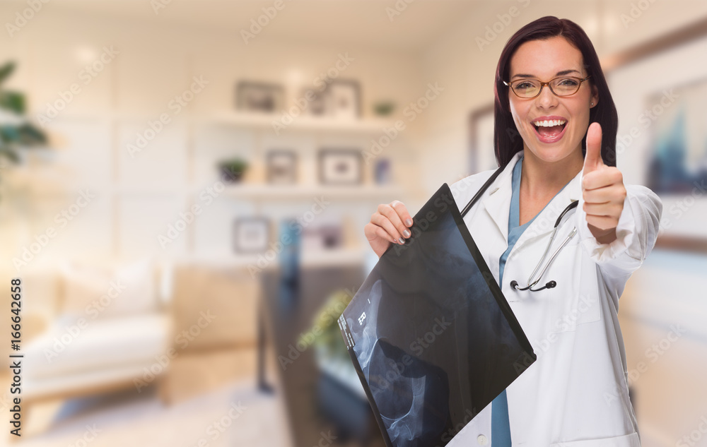 Young Female Doctor or Nurse with Thumbs Up Standing in Office Holding X-ray Young Female Doctor or Nurse with Thumbs Up Standing in Office Holding X-ray