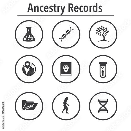 Ancestry or Genealogy Icon Set with Family Tree Album, DNA, beakers, etc
