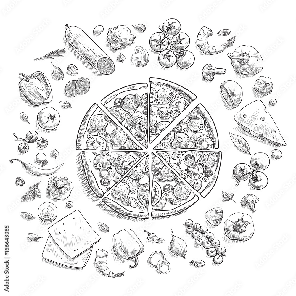 Fototapeta Set of pizza ingredients in doodle style isolated on white background