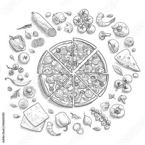 Fototapeta Set of pizza ingredients in doodle style isolated on white background