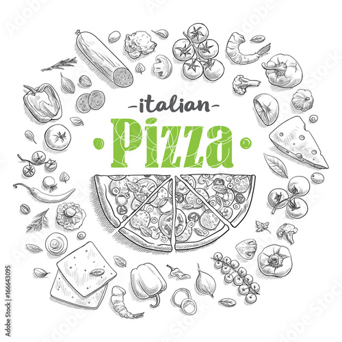 Set of pizza ingredients in doodle style isolated on white background