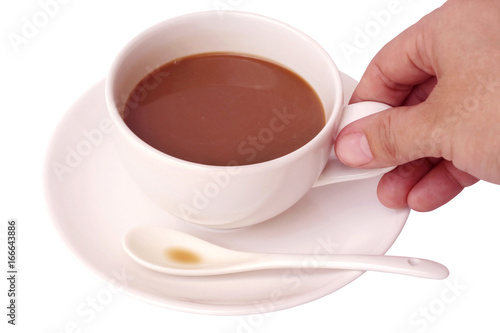 hands holding cup of coffee isolated on white background.