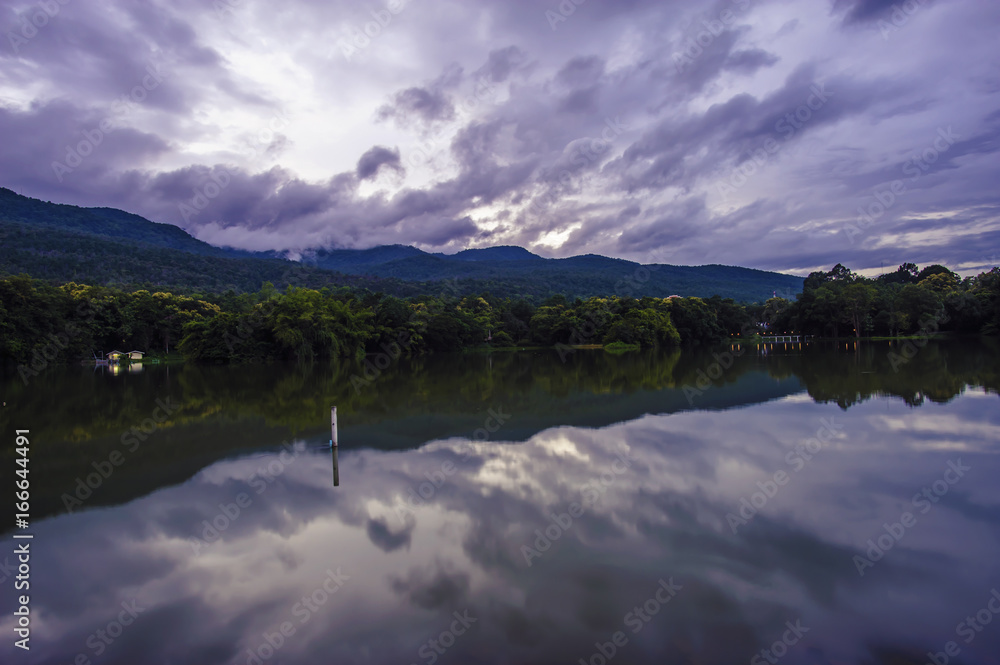 Landscape of the reservoir with mountains in the background Landscape of the reservoir with mountains in the background