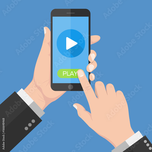 Flat Design style Human hand holding Smartphone with online media player app on screen ,vector design Element illustration isolate on blue background