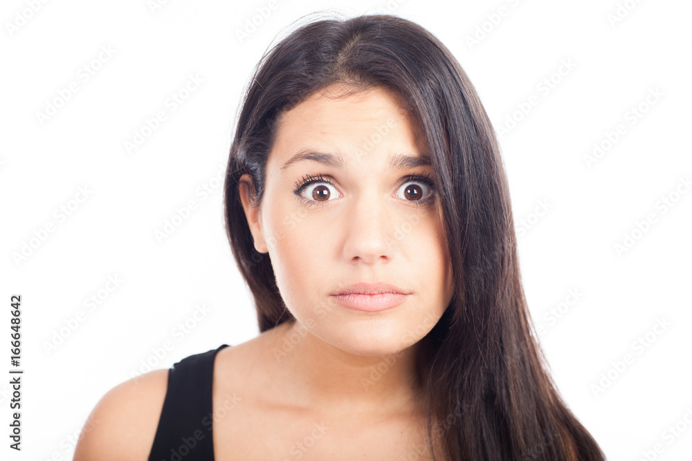Close up portrait of pretty surprised woman on white background Close up portrait of pretty surprised woman on white background