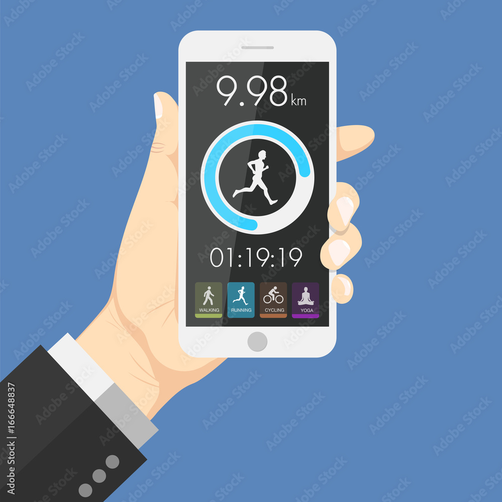 Flat design style human hand holding smartphone tablet with health app in the screen , vector design element illustration Flat design style human hand holding smartphone tablet with health app in the screen , vector design element illustration