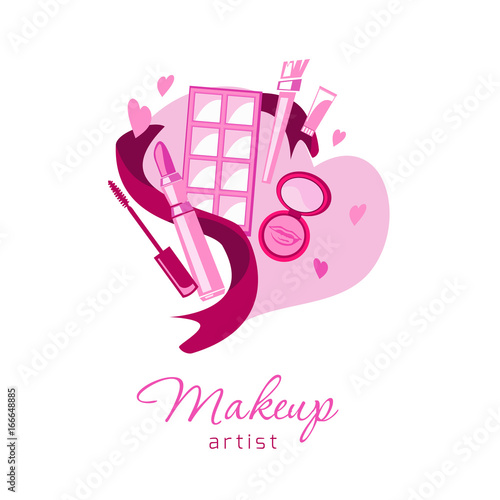Loving make up artist beauty logo emblem with lipstick, cream, brush,  eye shadow on heart. Vector template illustration Cosmetics and fashion background for business card, beauty salon, visage