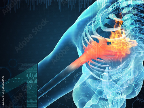 3D rendering human shoulder pain with the anatomy of a skeleton shoulder