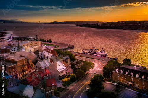 Aerial view of the Old Quebec City port in the beautiful sunrise light.