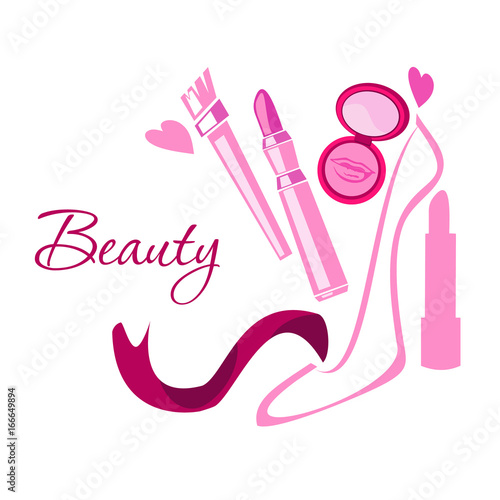 Make up style beauty logo emblem with lipstick, brush, powder, shoes, hearts, pink ribbon. Vector template illustration Cosmetics and fashion background for business card, book cover, beauty salon