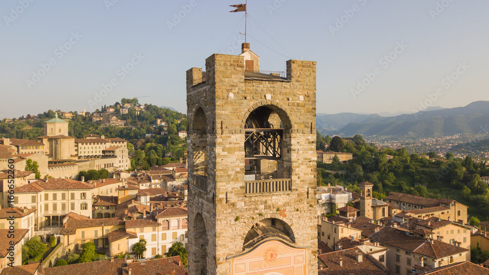 Bergamo, old city, Drone aerial view on the bell tower and the old buildings