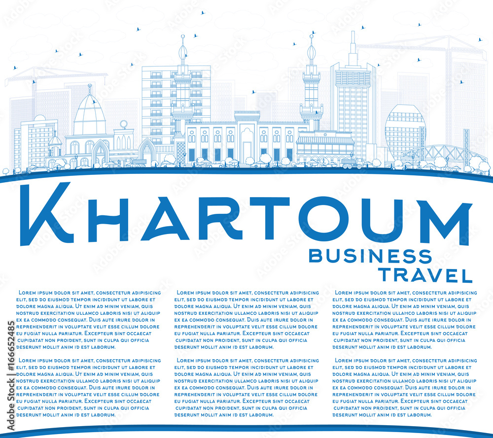 Outline Khartoum Skyline with Blue Buildings and Copy Space.