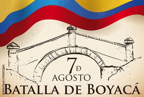 Commemorative Hand Drawn Boyaca Bridge over Scroll and Colombian Flag, Vector Illustration photo