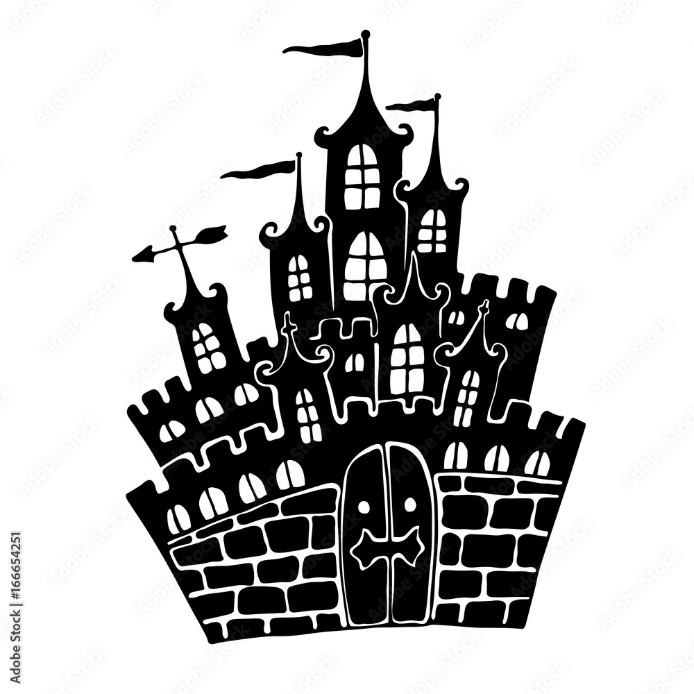 Fairytale Castle. Black silhouette of the castle with the gates, towers, flags. Halloween element design.
