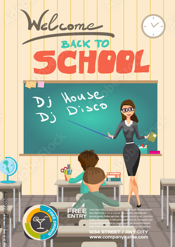 Vector school dance party invitation. Meeting of graduates, high