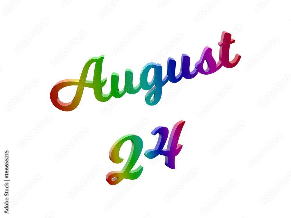 August 24 Date Of Month Calendar, Calligraphic 3D Rendered Text Illustration Colored With RGB Rainbow Gradient, Isolated On White Background
