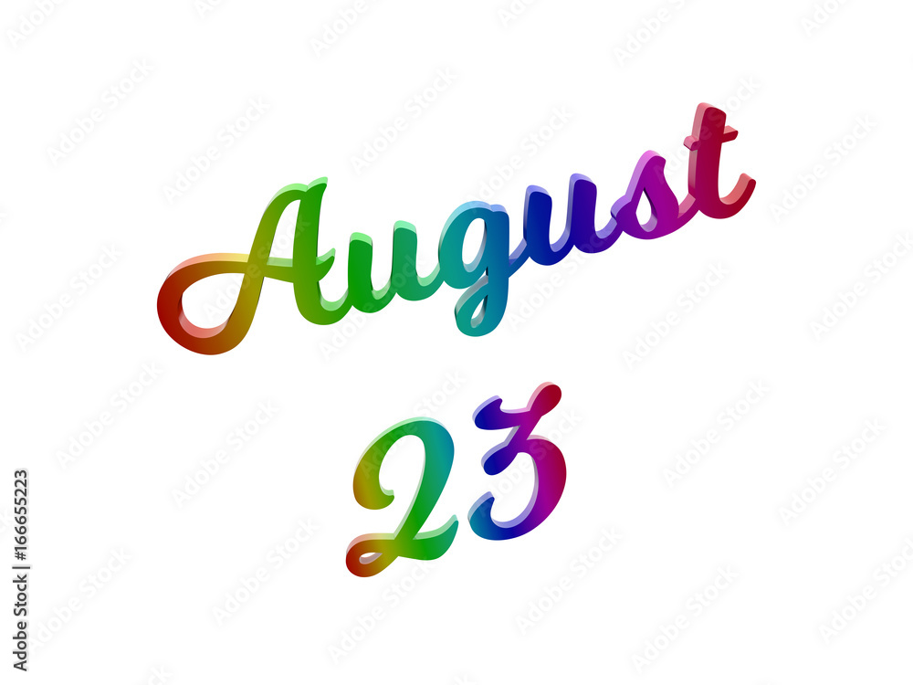 August 23 Date Of Month Calendar, Calligraphic 3D Rendered Text Illustration Colored With RGB Rainbow Gradient, Isolated On White Background
