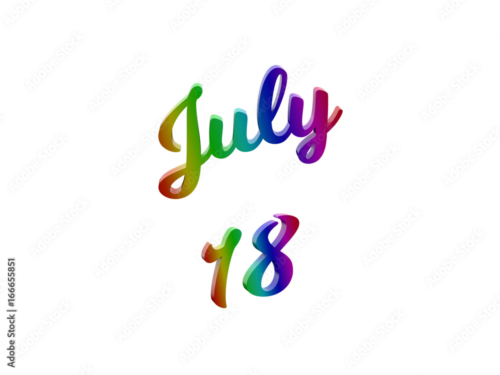 July 18 Date Of Month Calendar, Calligraphic 3D Rendered Text Illustration Colored With RGB Rainbow Gradient, Isolated On White Background
July 18 Date Of Month Calendar, Calligraphic 3D Rendered Text Illustration Colored With RGB Rainbow Gradient, Isolated On White Background
