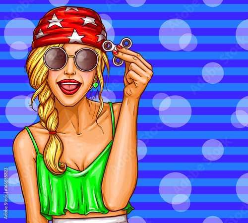 Vector pop art illustration of a young girl, teenager playing with a fidget spinner. Tri fidget hand spinner - trendy stress relieving toy.