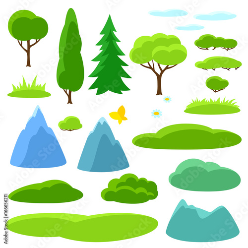 Summer set of trees, mountains and hills. Seasonal collection