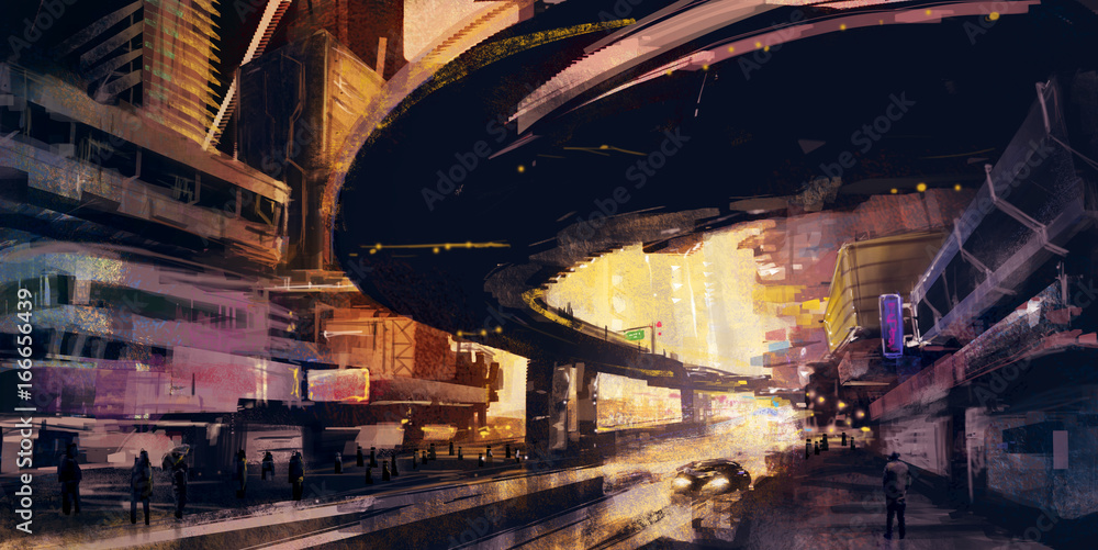 Obraz Abstrakcjonistyczna ilustracja Miastowy pejzaż miejski przy zmierzchem