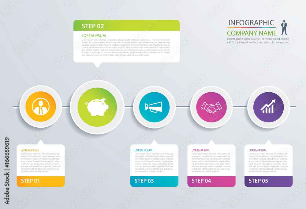 Fototapeta premium 5 step circle timeline infographic options template with paper sheets. Vector abstract element can be used for business workflow layout, diagram, web design, presentations.
