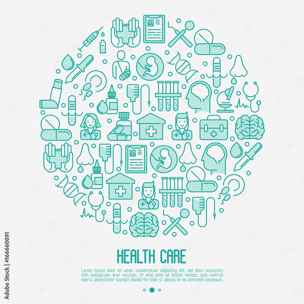 Health care concept in circle with thin line icons related to hospital, clinic, laboratory. Vector illustration for conclusion, banner, web page.