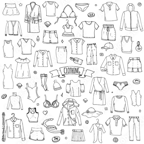 Hand drawn doodle Clothing icons set. Vector illustration.Isolated apparel symbols collection. Cartoon cloth elements: Skirt Shirt T-shirt Shorts Dress Hoodie Underware Blouse Pants Socks Hat Cap Top