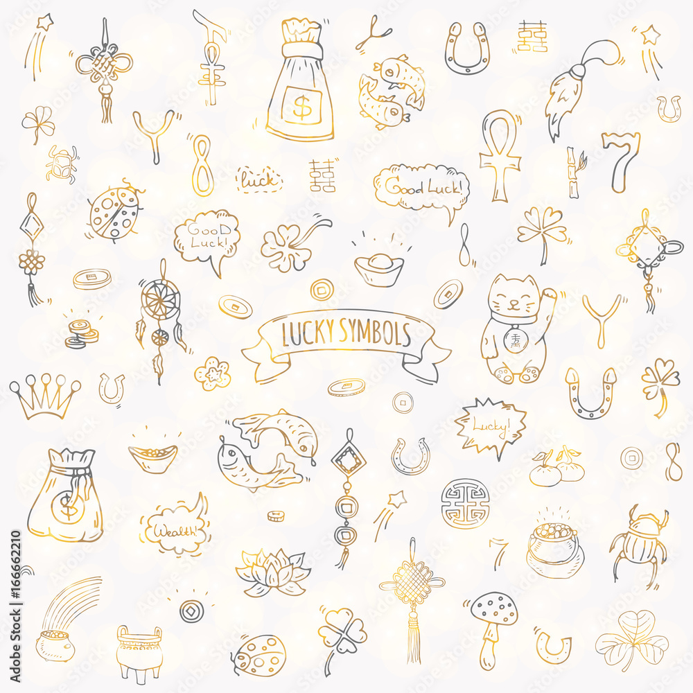 Hand drawn doodle Lucky symbols icon set Vector illustration isolated Luck symbols collection Cartoon wealth element: Ladybug Dreamcatcher Clover Horseshoe Neko cat Wishbone Scarab Charms Good Luck Hand drawn doodle Lucky symbols icon set Vector illustration isolated Luck symbols collection Cartoon wealth element: Ladybug Dreamcatcher Clover Horseshoe Neko cat Wishbone Scarab Charms Good Luck