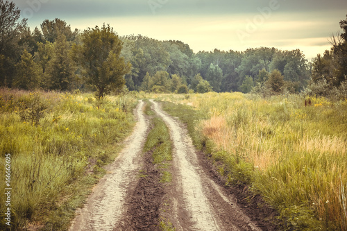 Old rural road in summertime. Style toned photo.