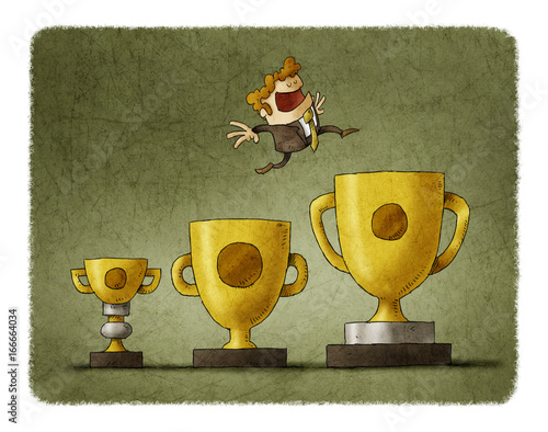 Businessman jumps from trophy to trophy, each time to one bigger