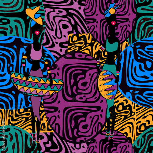 Seamless pattern  traditional elements. Colorful  Girl. Ethnic elements and strips