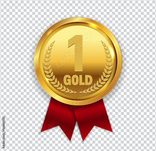 Champion Art Golden Medal with Red Ribbon l Icon Sign First Plac