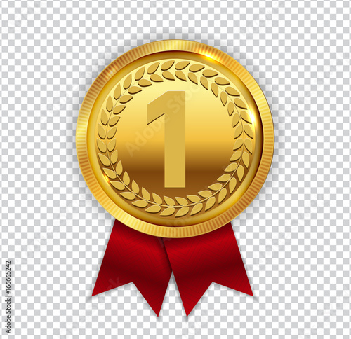 Champion Art Golden Medal with Red Ribbon l Icon Sign First Plac