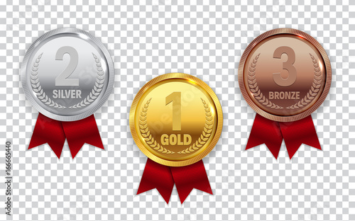 Champion Gold, Silver and Bronze Medal with Red Ribbon Icon Sign