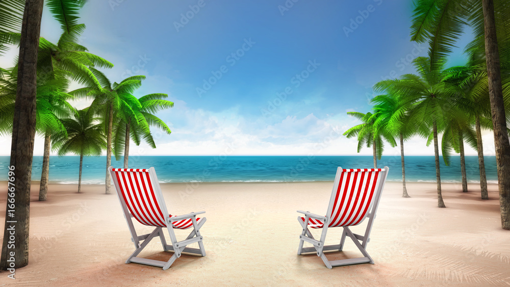 two deck chairs on the sandy tropical beach