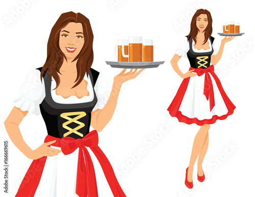 Vector illustration of Oktoberfest girl in germany national dress with beer. Young blonde woman isolated on white background. 