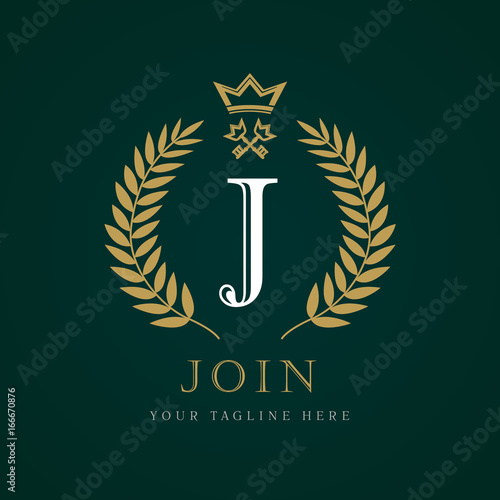 Luxury Crown & key calligraphic letter J monogram logo. Laurel elegant beautiful round logo with crown and key. Vector letter emblem sign J for Royalty, Restaurant, Boutique, Hotel, Heraldic, Jewelry