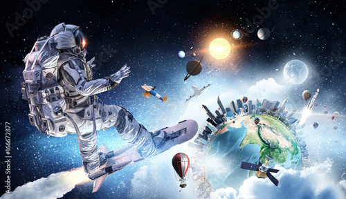 Spaceman on flying board. M...