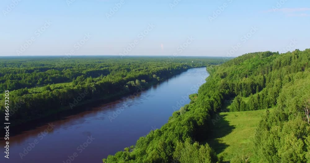 aerial shot summer green forest and river aerial shot summer green forest and river