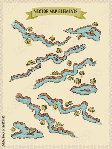 Vector map elements, colorful, hand draw - water, rivers, lakes, islands