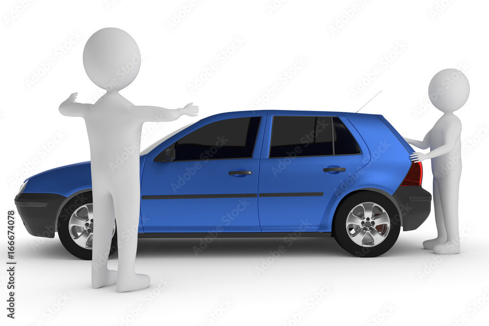 Autopanne. Ein blaues Auto hat eine Panne. Ein 3D - Charakter schiebt den Wagen. Ein anderer zeigt den Abstand an. Autopanne. Ein blaues Auto hat eine Panne. Ein 3D - Charakter schiebt den Wagen. Ein anderer zeigt den Abstand an.