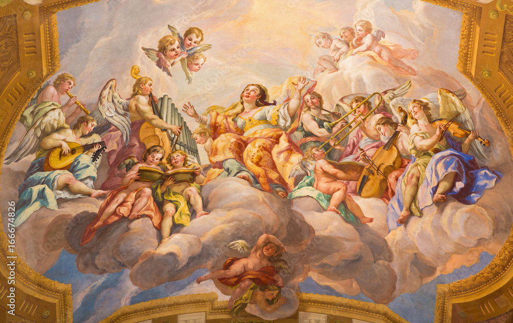 VIENNA, AUSTRIA - JULY 30, 2014: The symbolic fresco of woman wiht the angels and music instruments in baroque church of St. Charles Borromeo by Johann Michael Rottmayr.