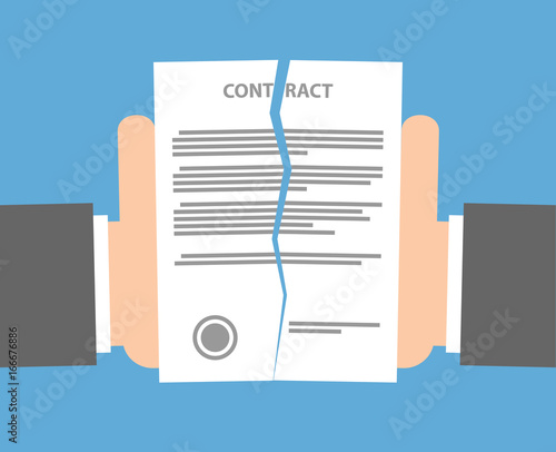Contract termination concept. Businessman hands holding and tearing apart a paper. Flat style