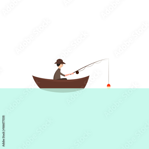Fisherman with boat. Vector illustration. Blue River.