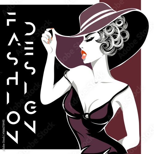 Fashion advertisement with beautiful woman model portrait, hand drawn vector illustration