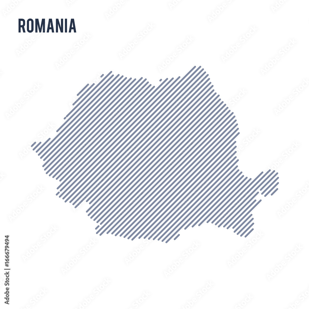 Vector abstract hatched map of Romania with oblique lines isolated on a white background.